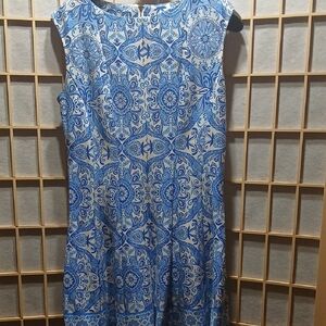 Blue and White Sleeveless Sheath Dress with Crew Neck for Work
